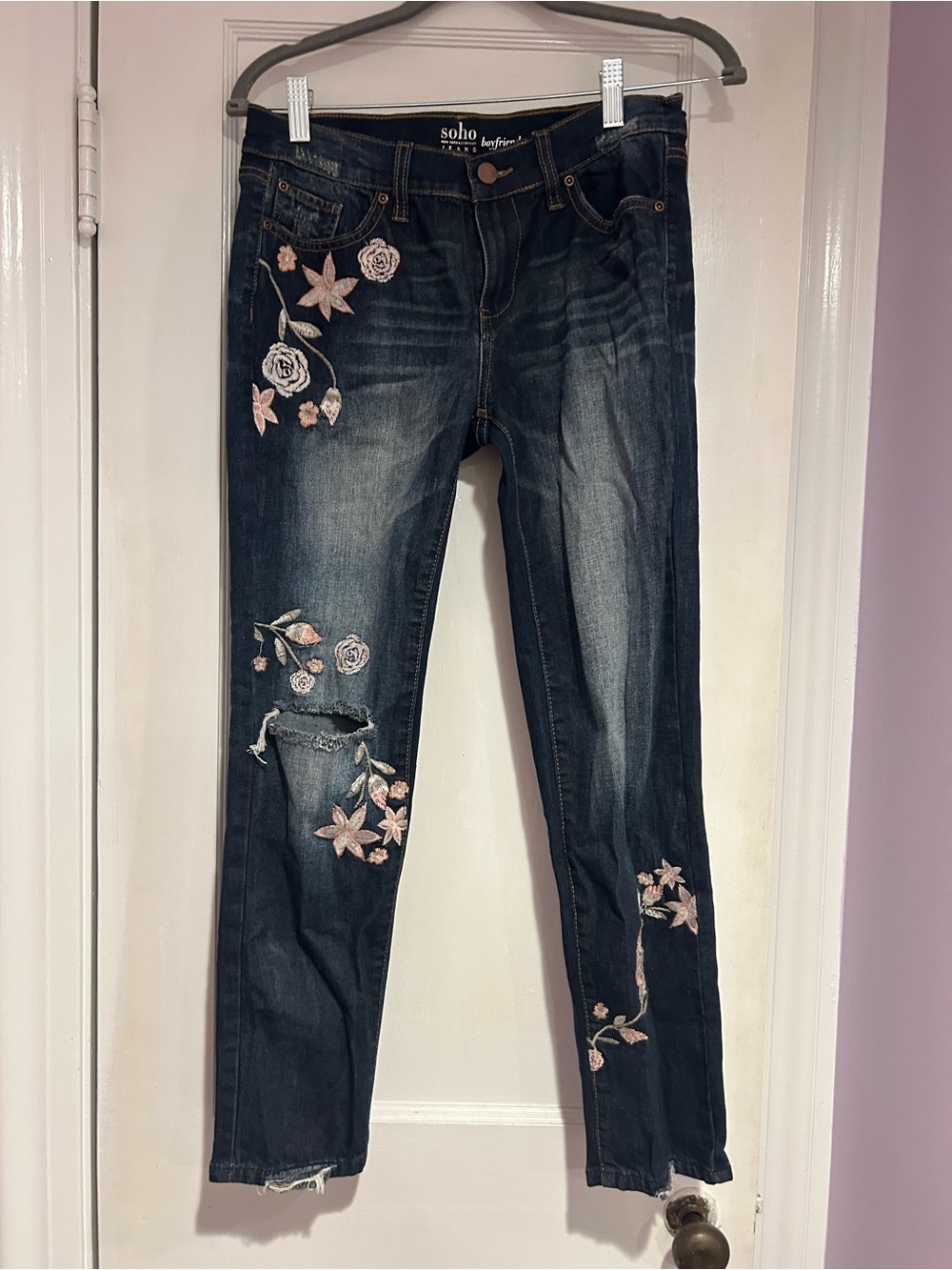 Soho Dark Blue Skinny Jeans with Pink Floral Embroidery